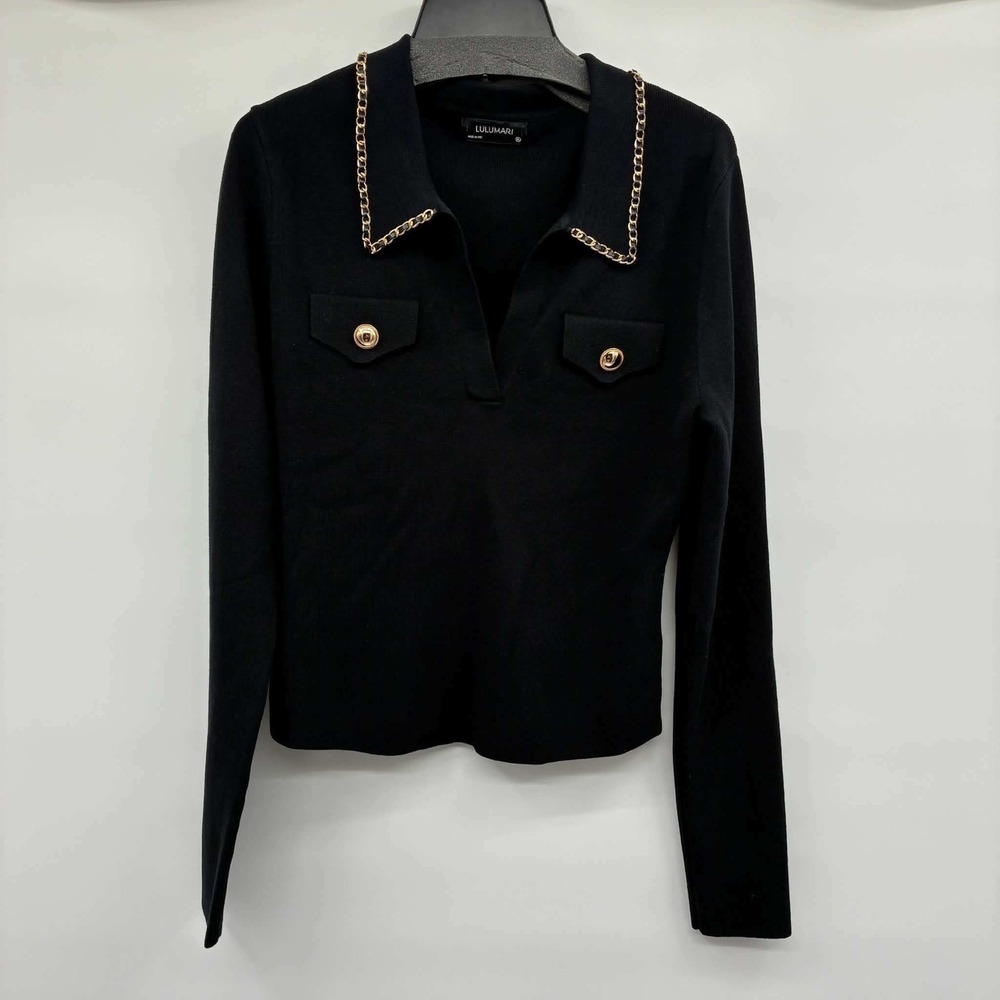 Lulumari Sweater Womens XL Black Gold Chain Trim Collared V Neck Long Sleeve